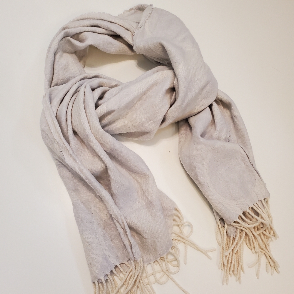 Coach Long Scarf Light grey Cream Subtle C Pattern Cream Tassels Neutral Wrap